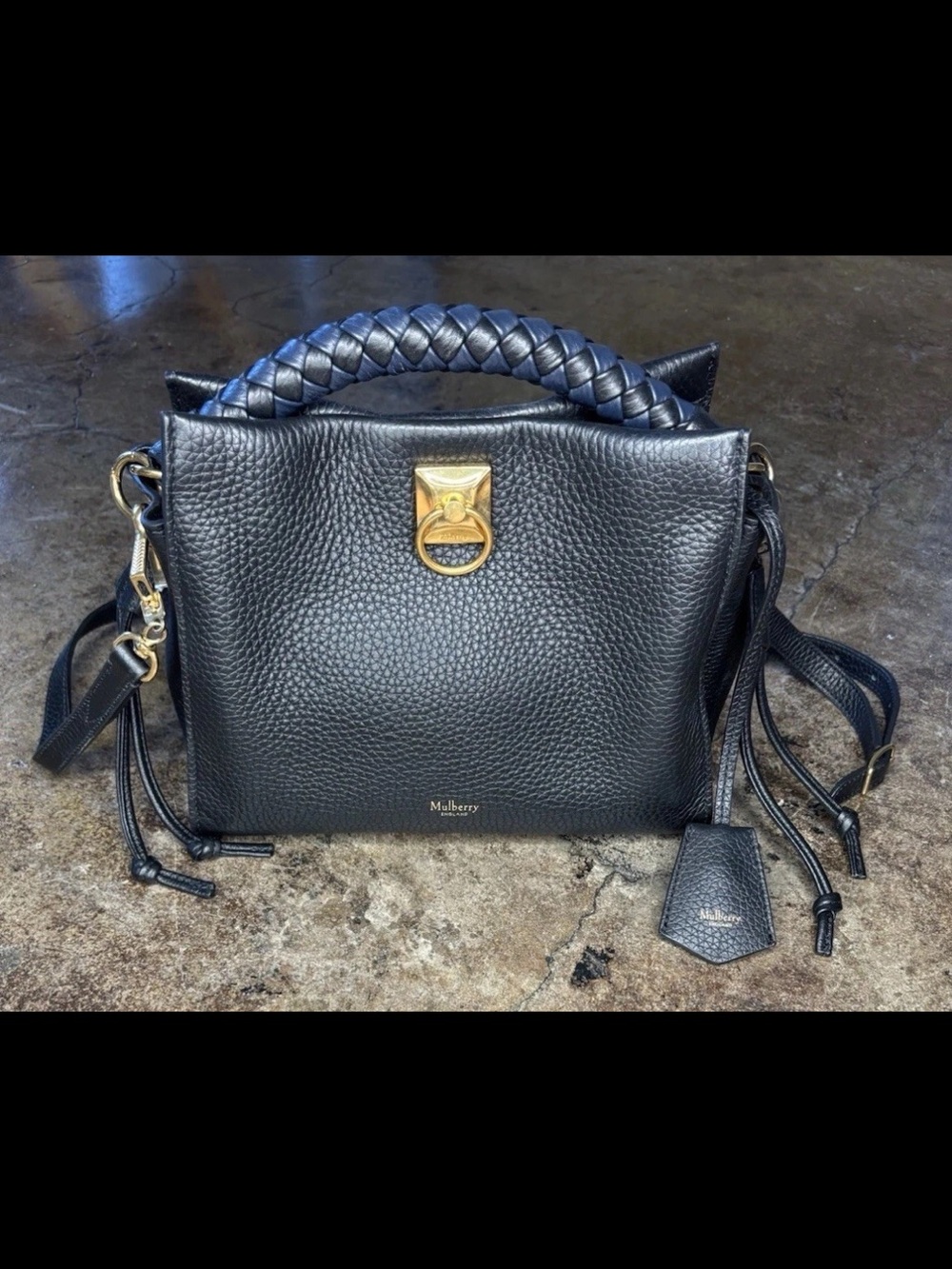 Mulberry Black Pebbled Leather Shoulder Bag with Braided Top Handle